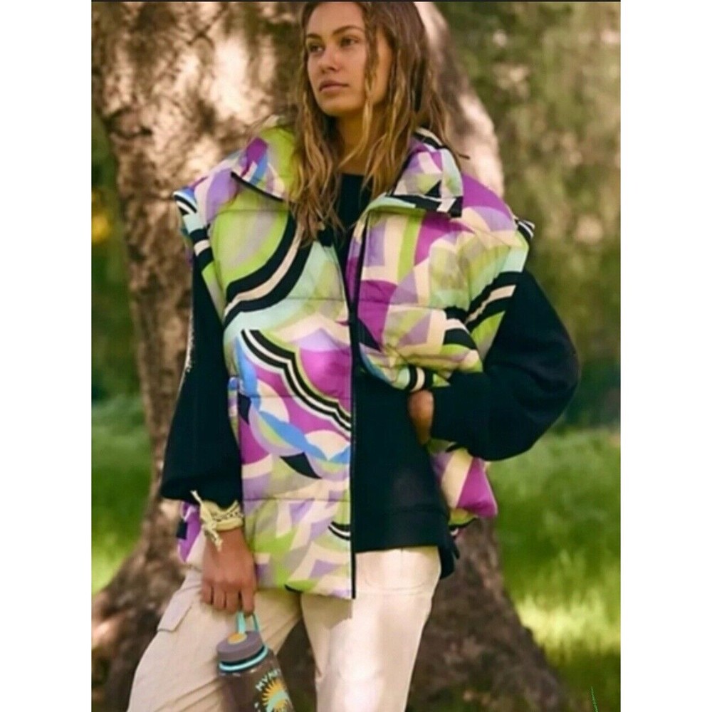 Free People Women Vest Bubble Puffer Green Geometric Preppy Boho Gorpcore XS New